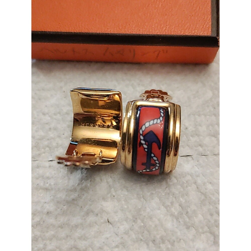Hermes Nautical Clip On Earrings Gold Plated Cloisonne & Enamel Vintage - Picture 3 of 5
